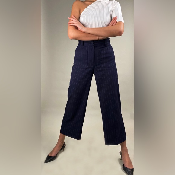 ZARA | Navy Blue Pinstripe High Waisted Wide Leg Pants With Front Pockets | US 2 - Picture 3 of 4